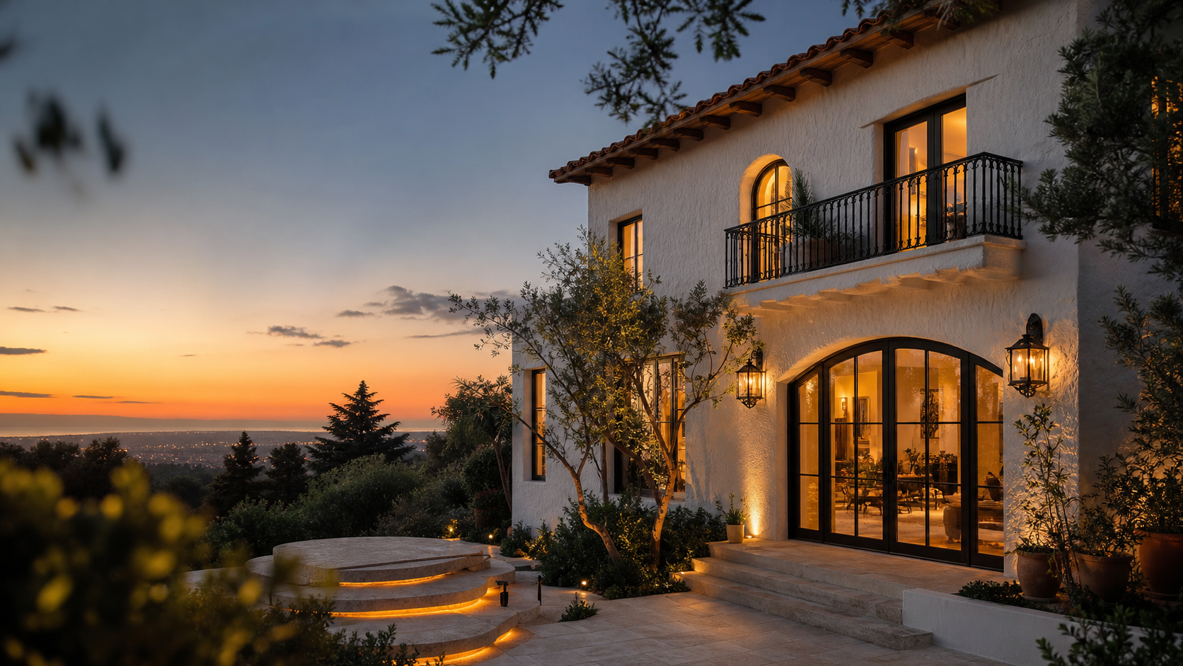 Elegant modern Spanish villa at sunset